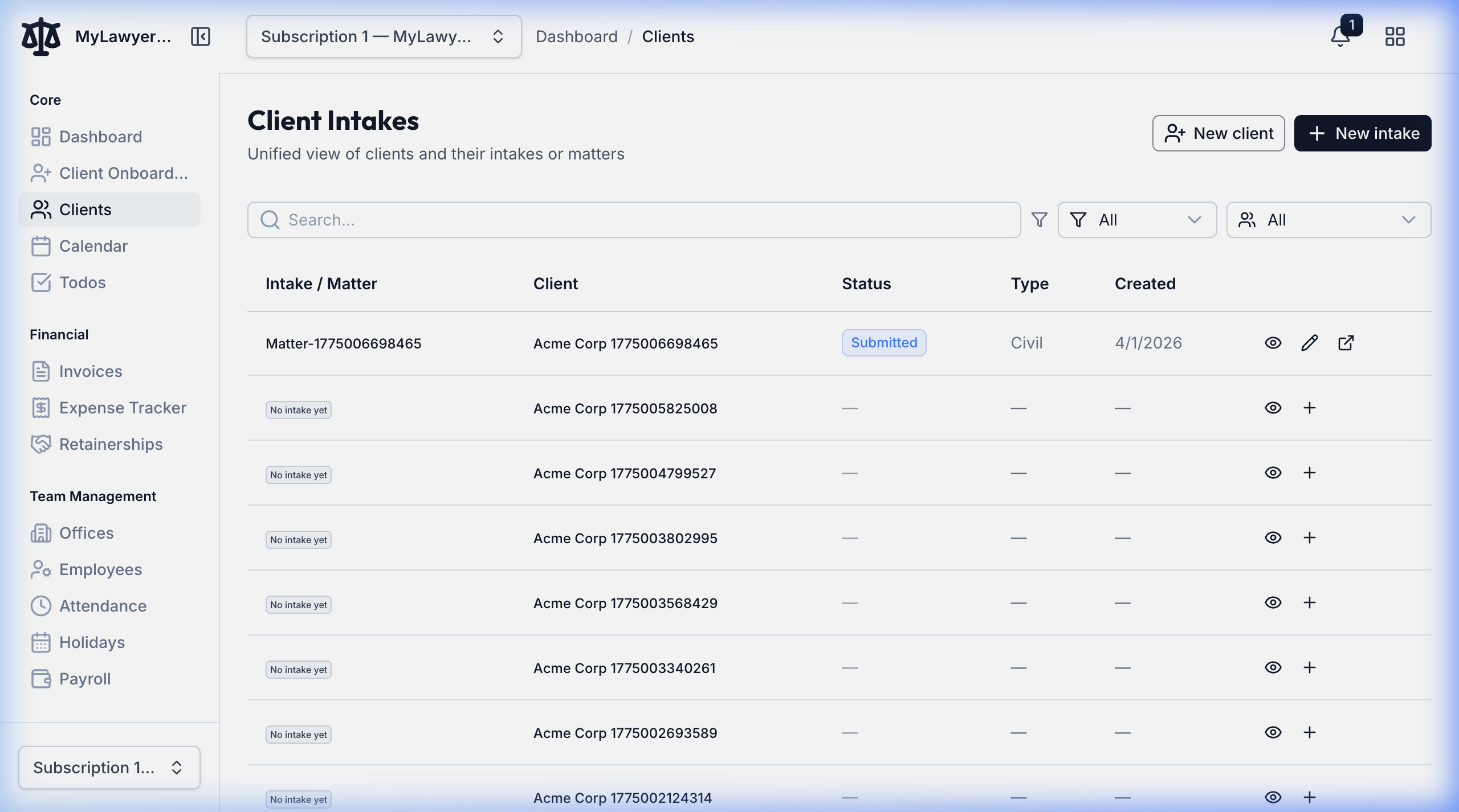 Digital Intake Dashboard
