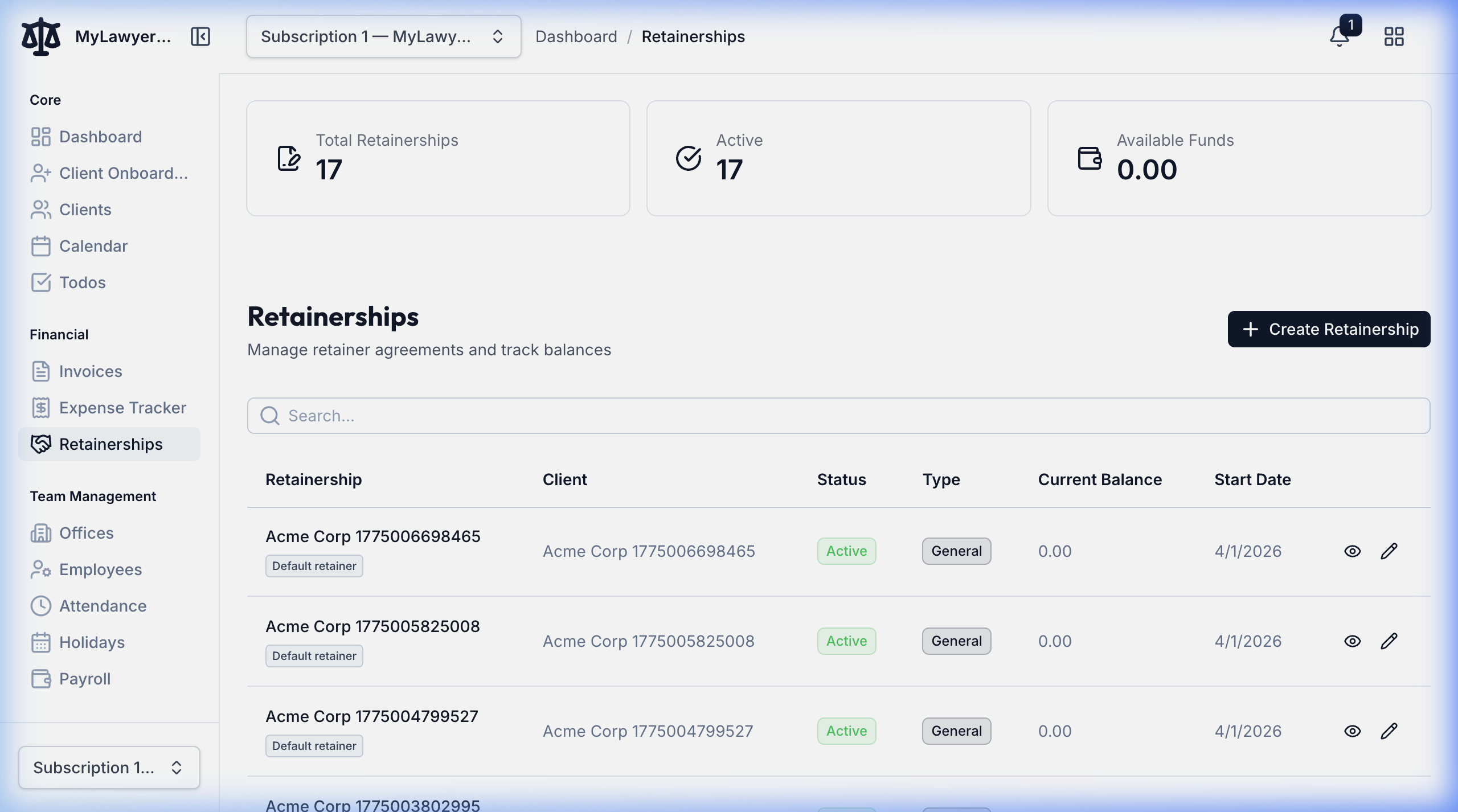 Retainership Management Dashboard